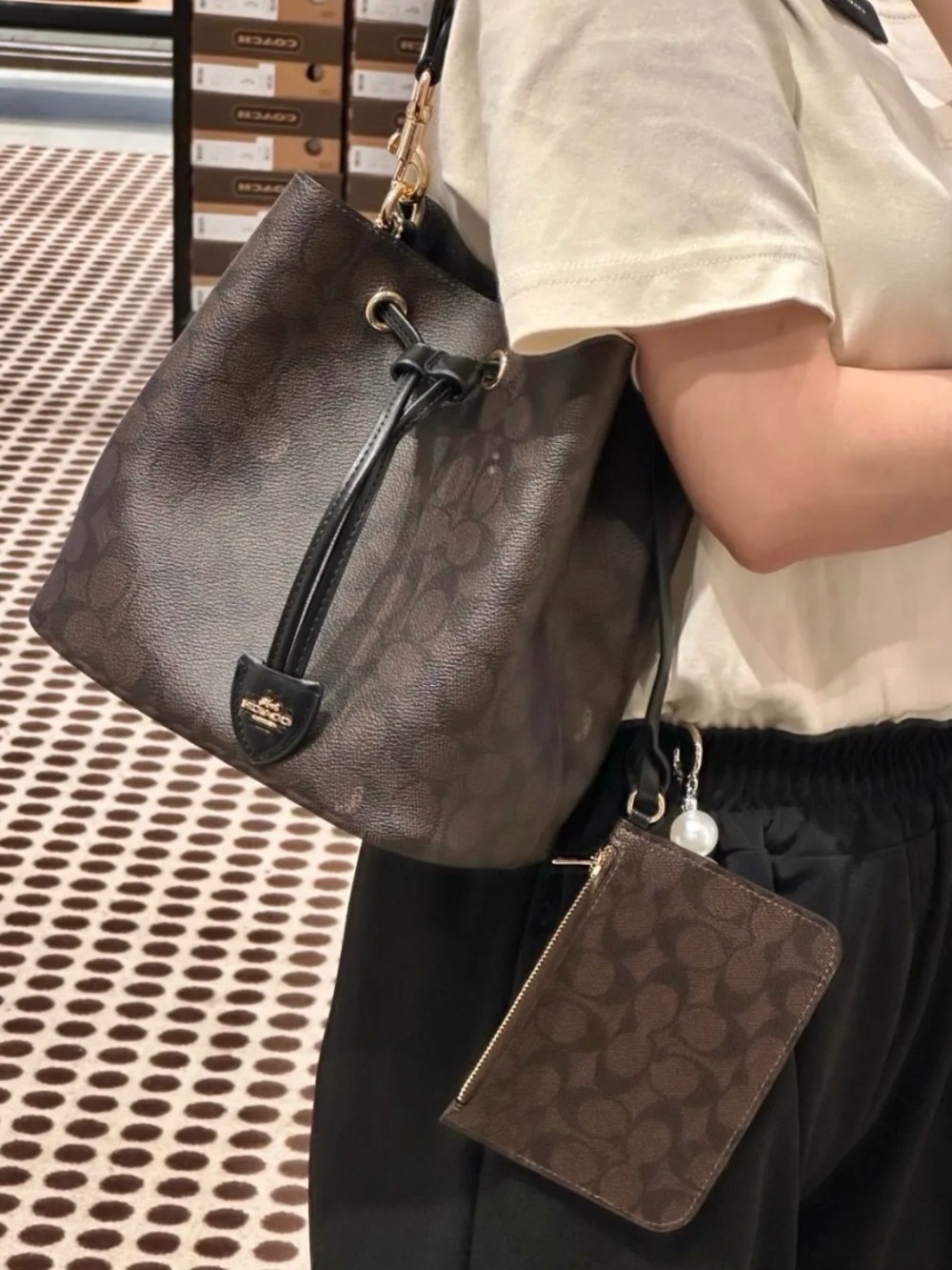 Coach Dark Brown Signature Rowan Bucket Bag with Pouch